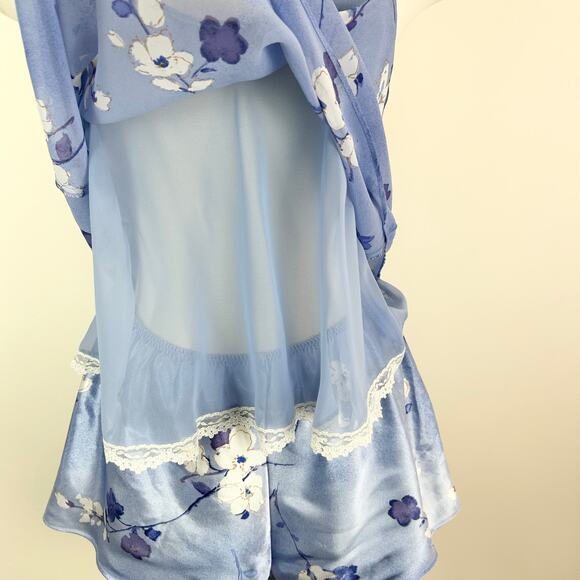 Vintage California Dynasty Sleep Set Blue Floral Sheer Satin Size Medium 1980s - Picture 6 of 12